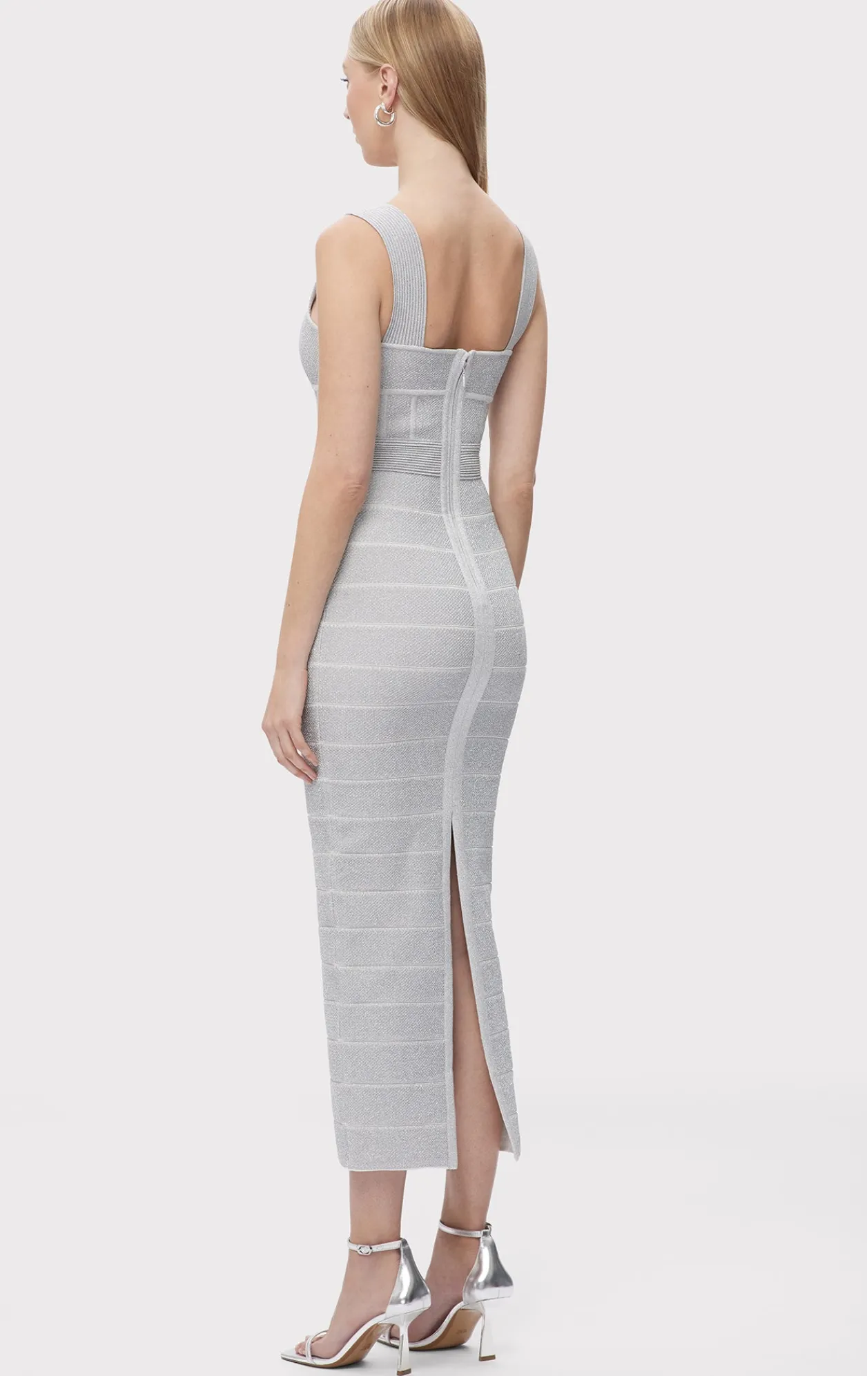 Dresses|Gowns-Hervé Léger TEXTURED LUREX SWEETHEART GOWN METALLIC SILVER