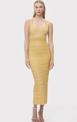 Dresses|Gowns-Hervé Léger TEXTURED LUREX SWEETHEART GOWN METALLIC GOLD