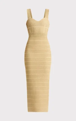 Dresses|Gowns-Hervé Léger TEXTURED LUREX SWEETHEART GOWN METALLIC GOLD