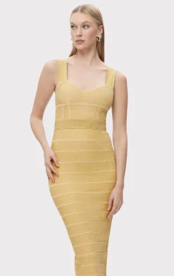 Dresses|Gowns-Hervé Léger TEXTURED LUREX SWEETHEART GOWN METALLIC GOLD