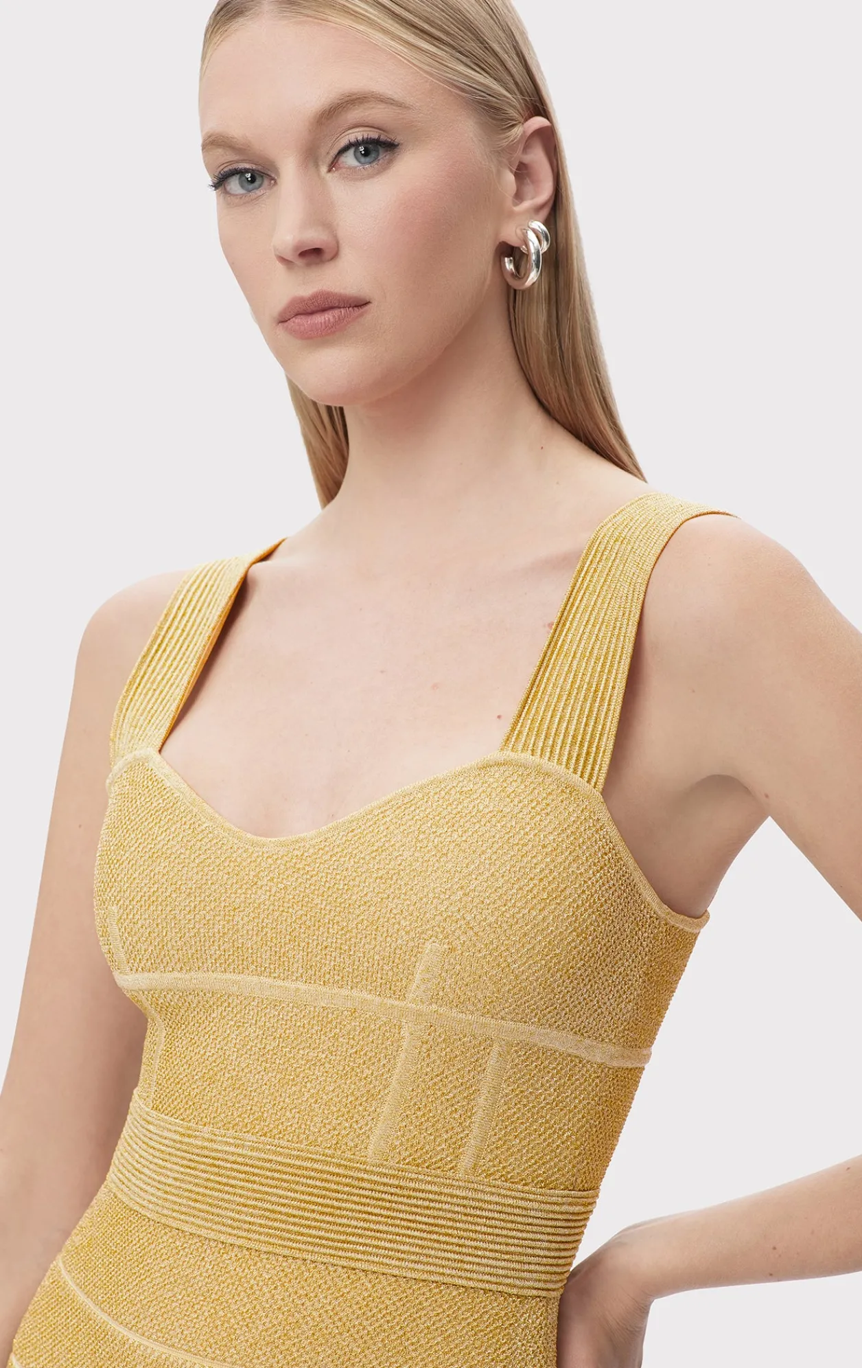 Dresses|Gowns-Hervé Léger TEXTURED LUREX SWEETHEART GOWN METALLIC GOLD