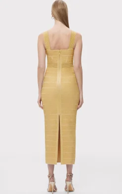 Dresses|Gowns-Hervé Léger TEXTURED LUREX SWEETHEART GOWN METALLIC GOLD