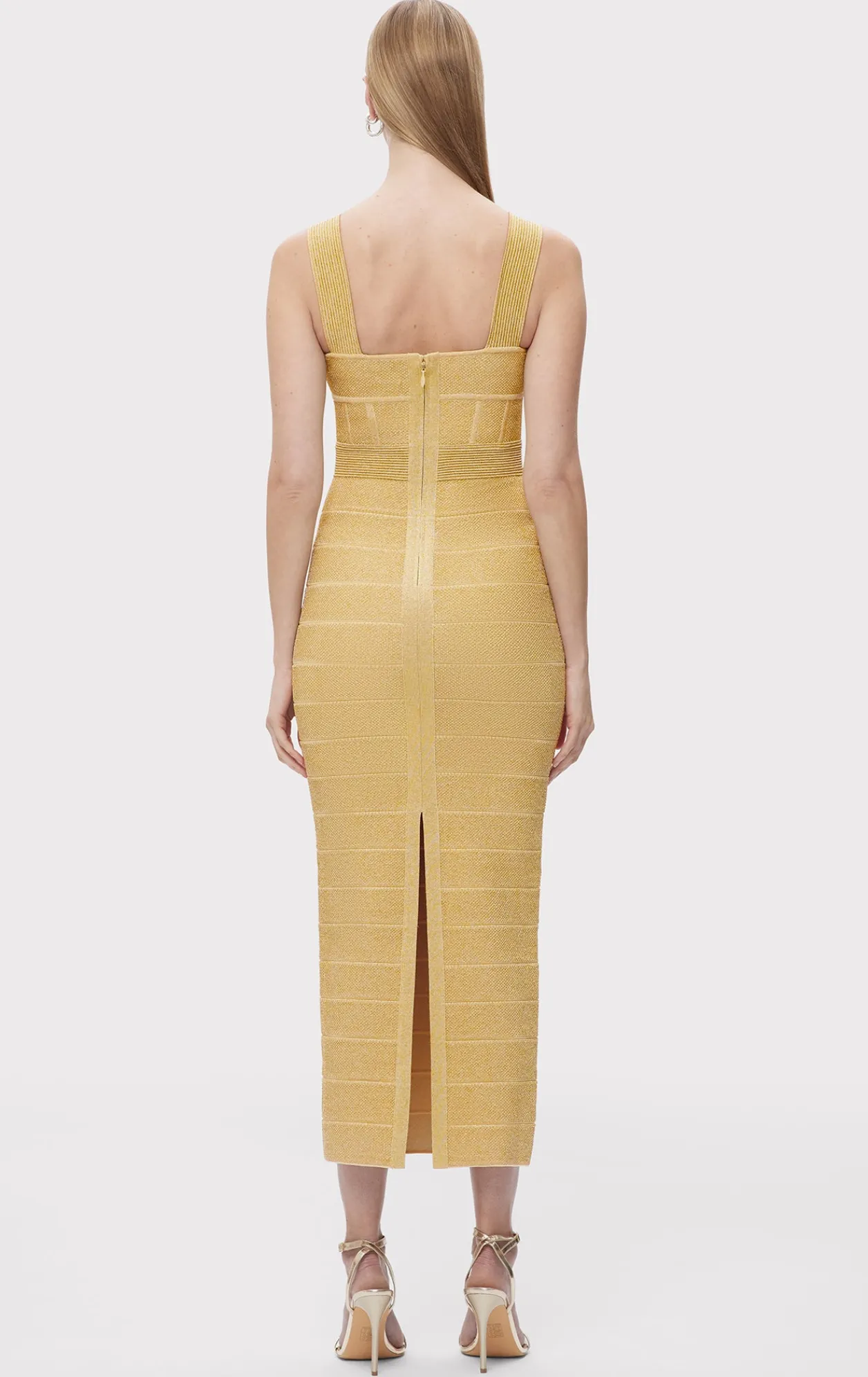 Dresses|Gowns-Hervé Léger TEXTURED LUREX SWEETHEART GOWN METALLIC GOLD