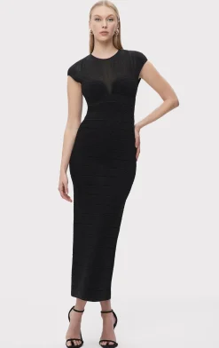 Dresses|Gowns-Hervé Léger TEXTURED SHEER BUSTIER GOWN METALLIC BLACK