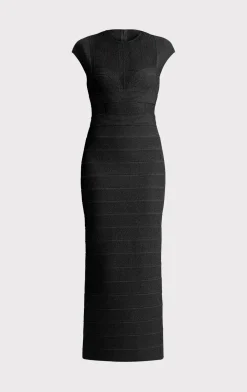 Dresses|Gowns-Hervé Léger TEXTURED SHEER BUSTIER GOWN METALLIC BLACK