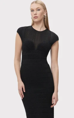 Dresses|Gowns-Hervé Léger TEXTURED SHEER BUSTIER GOWN METALLIC BLACK