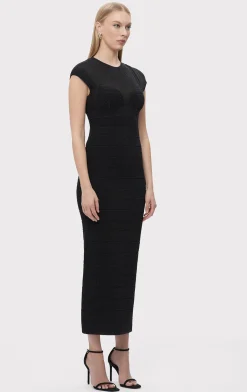 Dresses|Gowns-Hervé Léger TEXTURED SHEER BUSTIER GOWN METALLIC BLACK