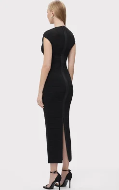 Dresses|Gowns-Hervé Léger TEXTURED SHEER BUSTIER GOWN METALLIC BLACK