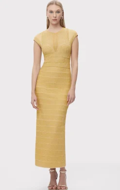 Dresses|Gowns-Hervé Léger TEXTURED SHEER BUSTIER GOWN METALLIC GOLD