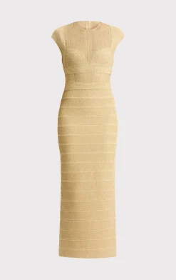 Dresses|Gowns-Hervé Léger TEXTURED SHEER BUSTIER GOWN METALLIC GOLD