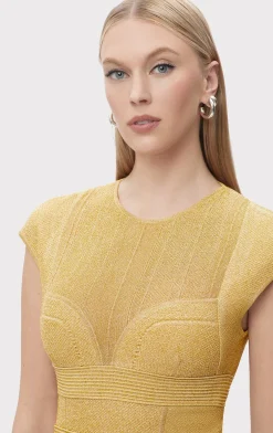 Dresses|Gowns-Hervé Léger TEXTURED SHEER BUSTIER GOWN METALLIC GOLD