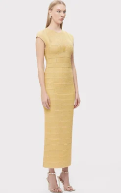 Dresses|Gowns-Hervé Léger TEXTURED SHEER BUSTIER GOWN METALLIC GOLD