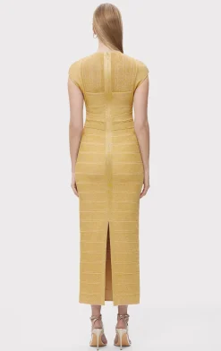 Dresses|Gowns-Hervé Léger TEXTURED SHEER BUSTIER GOWN METALLIC GOLD