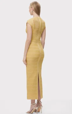 Dresses|Gowns-Hervé Léger TEXTURED SHEER BUSTIER GOWN METALLIC GOLD