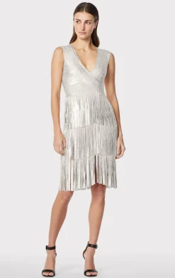 Dresses-Hervé Léger V NECK FOIL FRINGED MIDI DRESS SILVER FOIL