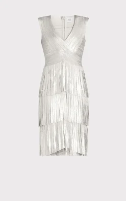 Dresses-Hervé Léger V NECK FOIL FRINGED MIDI DRESS SILVER FOIL