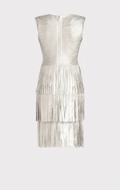 Dresses-Hervé Léger V NECK FOIL FRINGED MIDI DRESS SILVER FOIL