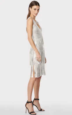 Dresses-Hervé Léger V NECK FOIL FRINGED MIDI DRESS SILVER FOIL