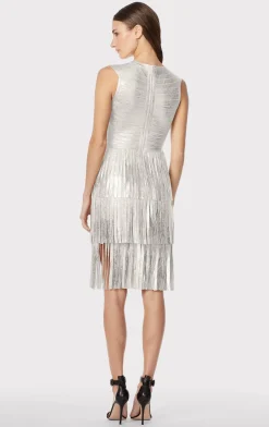 Dresses-Hervé Léger V NECK FOIL FRINGED MIDI DRESS SILVER FOIL