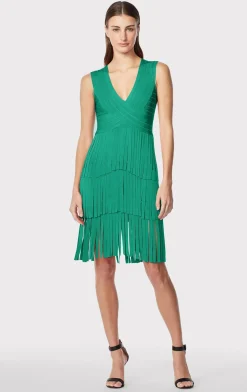 Dresses-Hervé Léger V NECK FRINGED MIDI DRESS GREEN OPAL