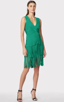 Dresses-Hervé Léger V NECK FRINGED MIDI DRESS GREEN OPAL