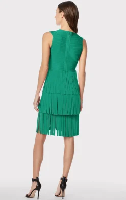 Dresses-Hervé Léger V NECK FRINGED MIDI DRESS GREEN OPAL