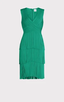 Dresses-Hervé Léger V NECK FRINGED MIDI DRESS GREEN OPAL