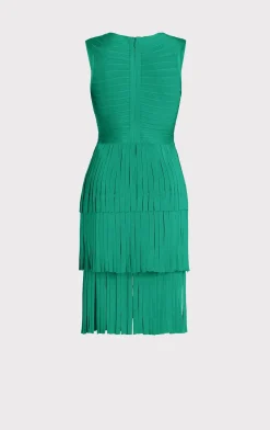 Dresses-Hervé Léger V NECK FRINGED MIDI DRESS GREEN OPAL